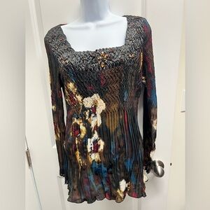 Alberto Makali Beaded Floral Crinkle Pleated Top L